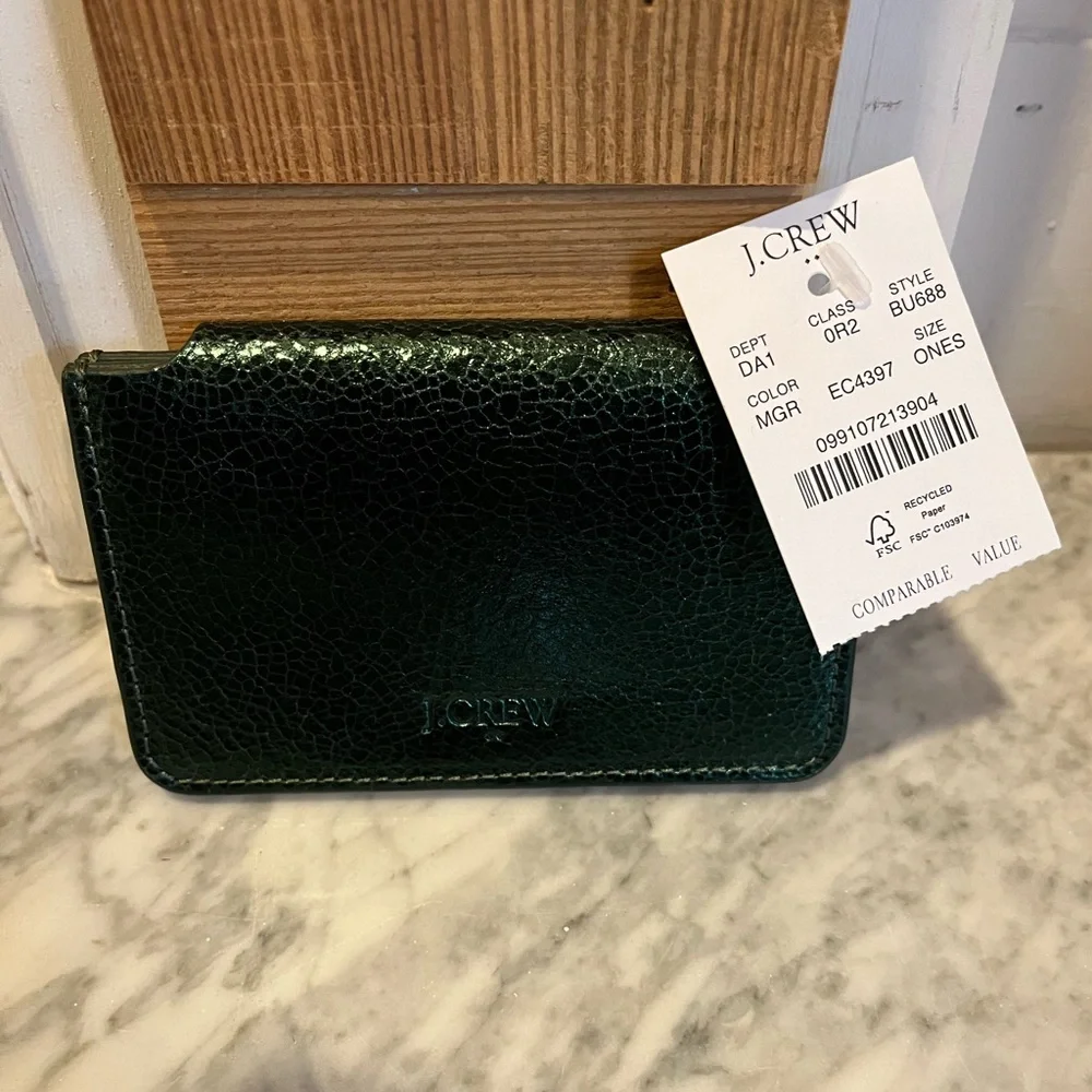 J. Crew metallic green card holder, NWT